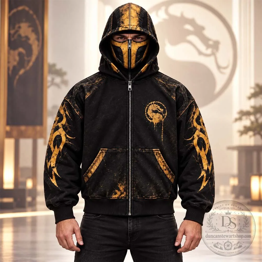 H&M Mortal Kombat Scorpion Zip-Up Mask Hoodie Shirt